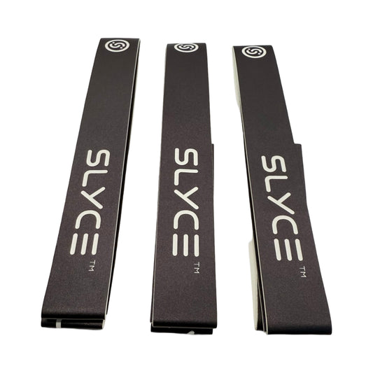 Black edge guard tape strips with SLYCE logo and curled ends