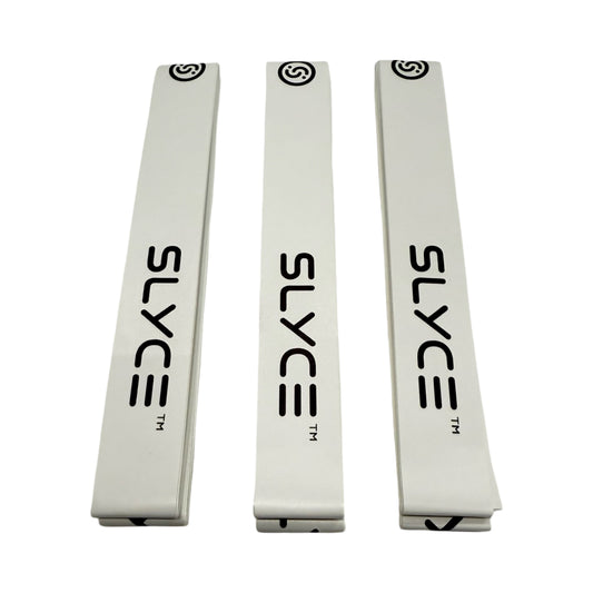 White edge guard tape strips with SLYCE logo and curled ends