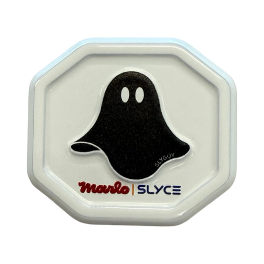 White Marlo SlyGuy SpeedCap with black SLYCE ghost graphic in octagonal tray
