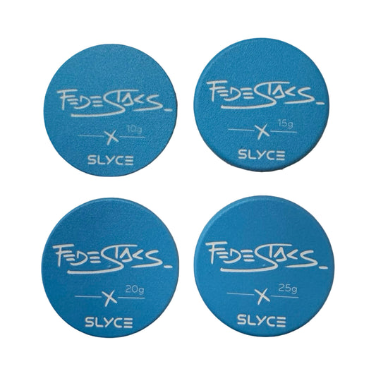 Blue SLYCE SpeedCoin handle weights showing 10g, 15g, 20g, 25g