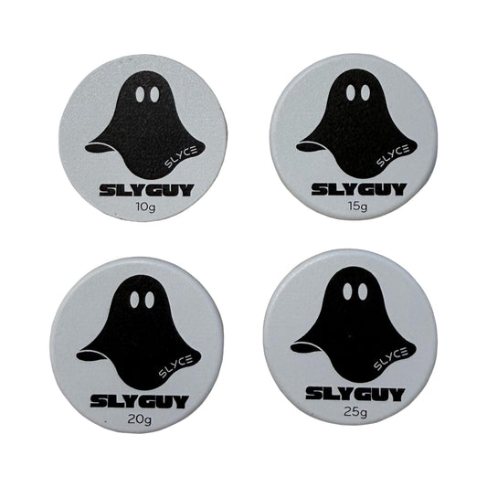 Pickleball paddle handle weight coins set, silver discs with black SLYCE bird, 10–25g