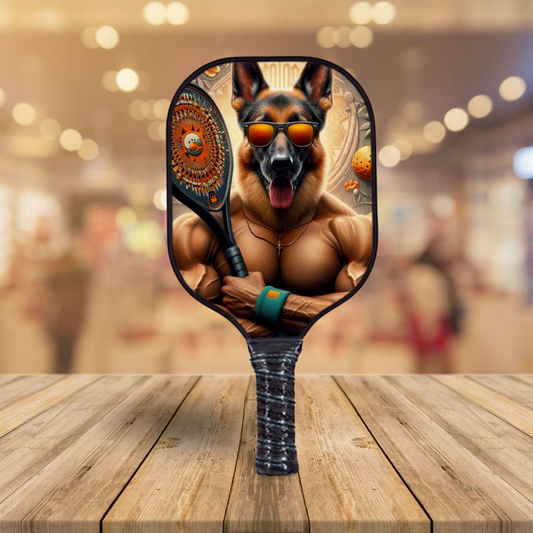 German shepherd pickleball paddle with hot dog themed face and blue handle