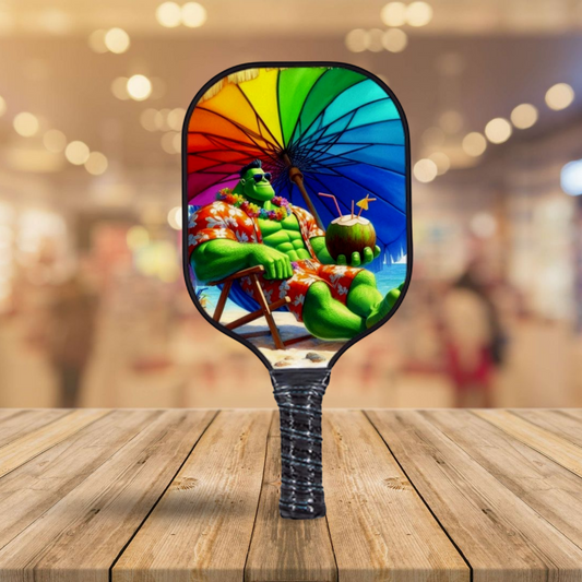 Pickleball paddle with colorful Hulk graphic on round face and black grip