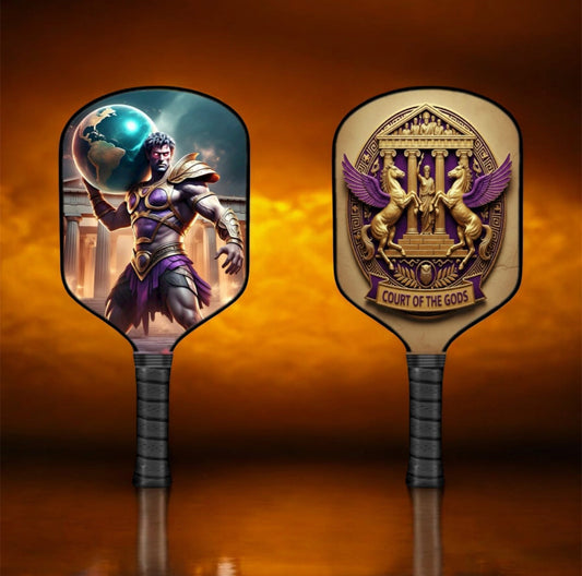 Pickleball paddle with blue and gold myth-themed face graphic and black grip