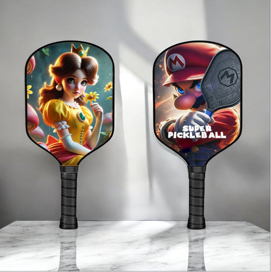Pickleball paddles with Princess Daisy and Mario graphics, black textured grips