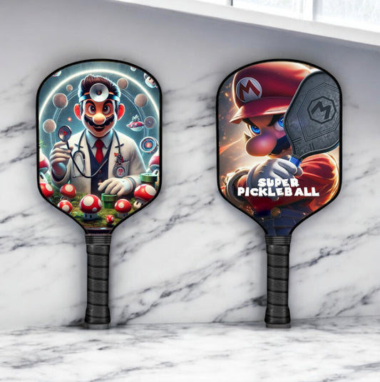 Mario-themed pickleball paddle with doctor graphic and black grip