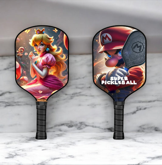 Princess Peach-themed pickleball paddle with full-color character face on black handle