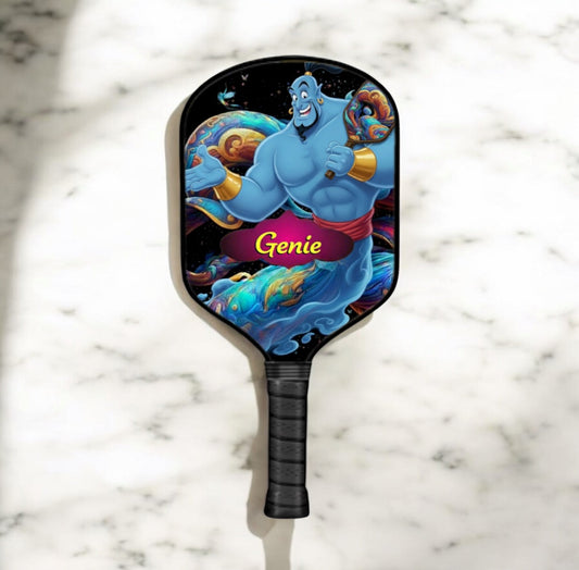 Genie-themed pickleball paddle with black handle and blue character graphic face