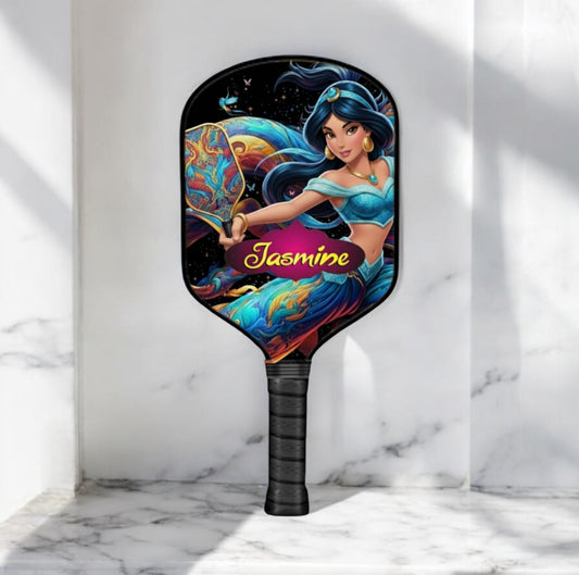 Jasmine-themed pickleball paddle with illustrated female player on dark face