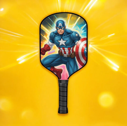 Captain America themed pickleball paddle with blue shield graphic and black handle