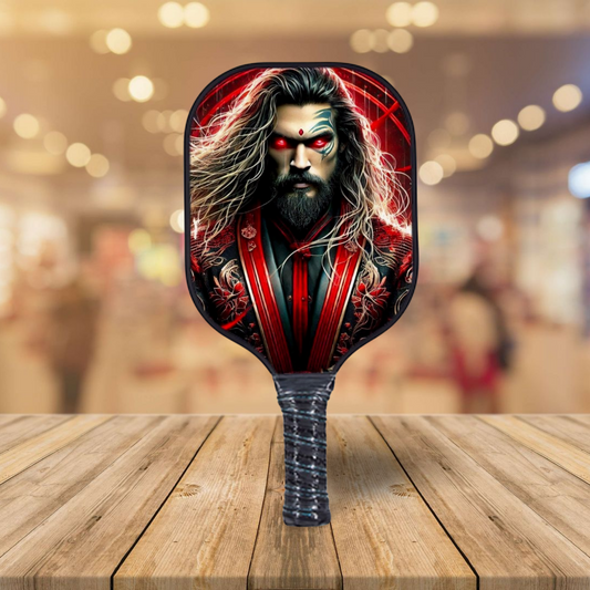 Pickleball paddle with black-red fantasy face graphic and textured grip