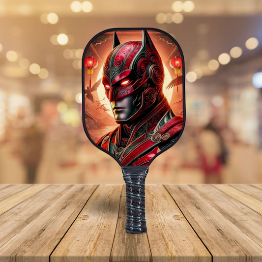 Decorative pickleball paddle with illustrated face design, black and red frame