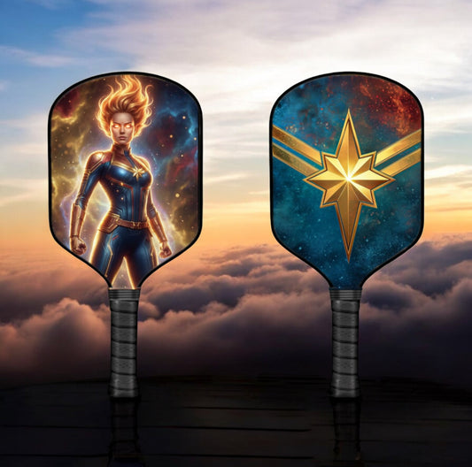 Pickleball paddle pair with illustrated Captain Marvel artwork and black textured handles
