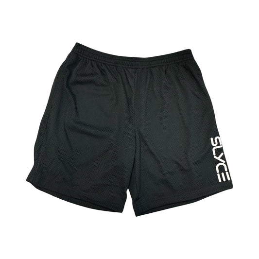 Black mesh practice shorts with elastic waistband and side S'YCE logo