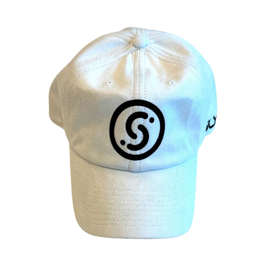 Slyce cap in off-white fabric with black circular logo on front