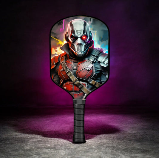 Pickleball paddle with black handle and Deadshot comic-style face artwork