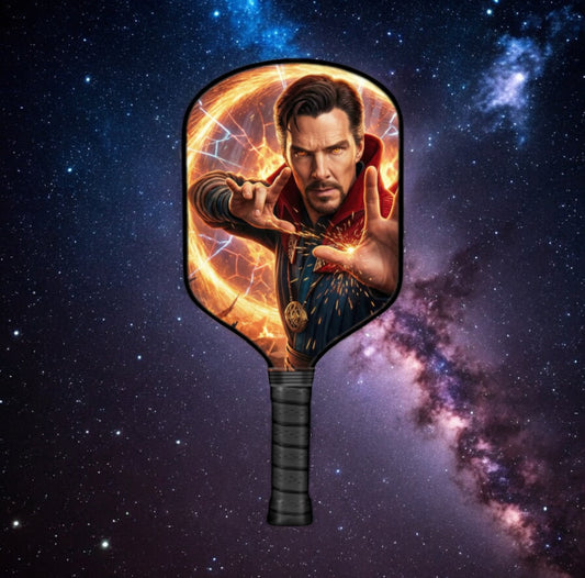 Pickleball paddle with Dr. Strange portal graphic on black handle
