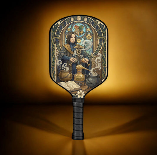 Pickleball paddle with dark grip and circular Snape-themed artwork on face