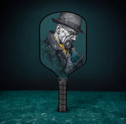 Teal pickleball paddle with character graphic on face and black textured grip