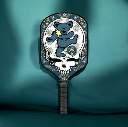 Teal pickleball paddle with dancing bear Stealie skull graphic