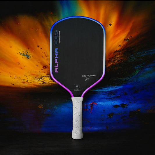 Pickleball paddle with dark face, blue-purple frame, and white grip handle