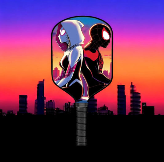 Spider-themed pickleball paddle with hooded hero and black red web graphics
