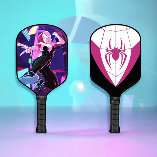 Pickleball paddle with purple/black ghost spider action logo, double-sided