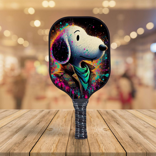 Pickleball paddle with Snoopy splash artwork on black face and dark handle grip