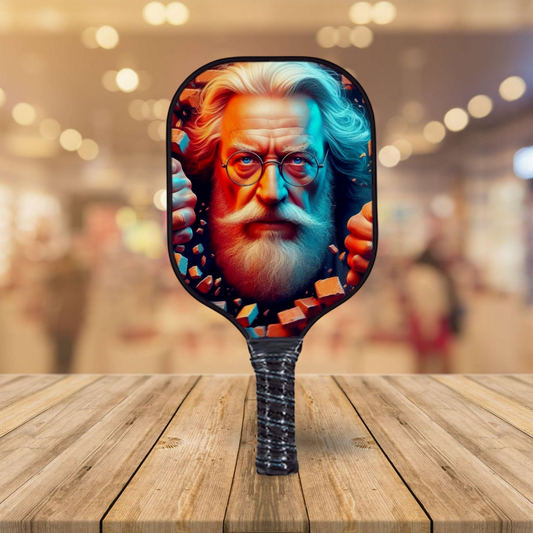 Pickleball paddle with Dumbledore-style portrait graphic on round face