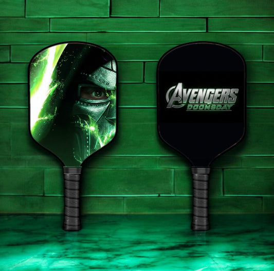 Doctor Doom-themed pickleball paddle, black with green character graphic and grip handle