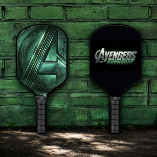 Pickleball paddle with green and black Avengers Doomsday emblem