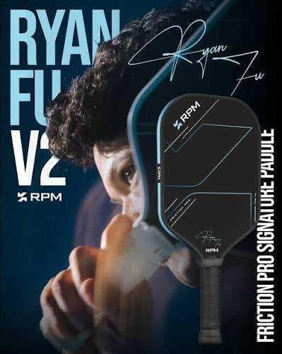 Dark pickleball paddle with blue outline, RPM markings and Ryan Fu signature art