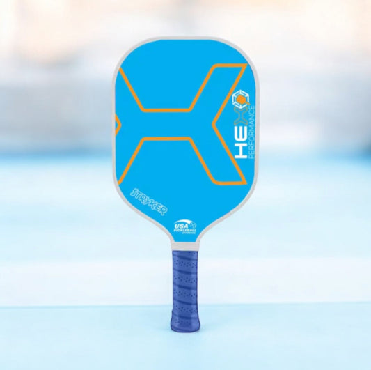 Blue Hex Pro pickleball paddle with orange hex face graphic and textured grip