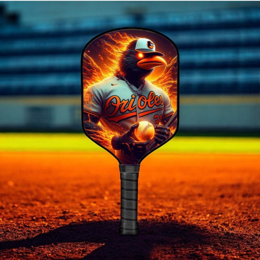 Baltimore Orioles pickleball paddle with black handle and colorful bird logo face