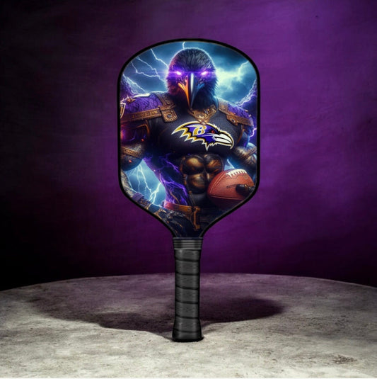 Pickleball paddle with Baltimore Ravens #2 lightning graphic and black grip