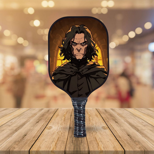 Snape-themed pickleball paddle with dark handle and illustrated portrait on the face