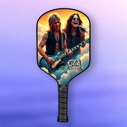 Limited edition pickleball paddle with colorful graphic face and black grip handle