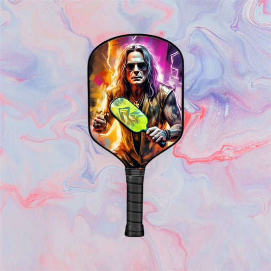 Black pickleball paddle with colorful face graphic and long black handle