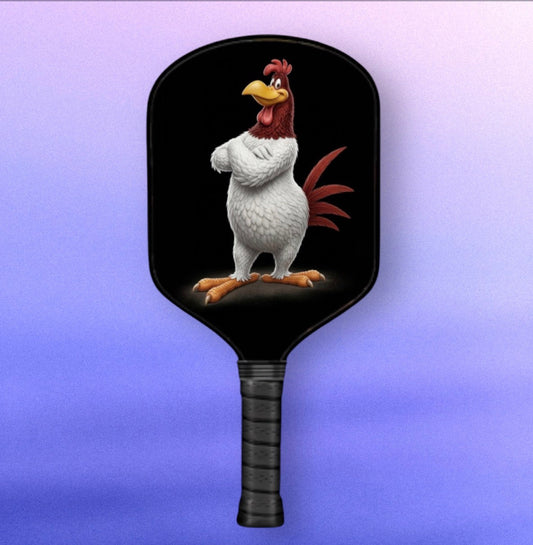 Black pickleball paddle with Foghorn Leghorn rooster graphic on the paddle face