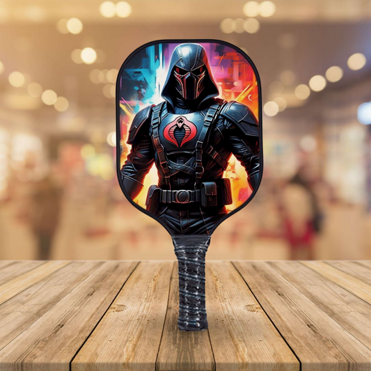 Cobra Commander pickleball paddle with black handle and colorful character graphic on face
