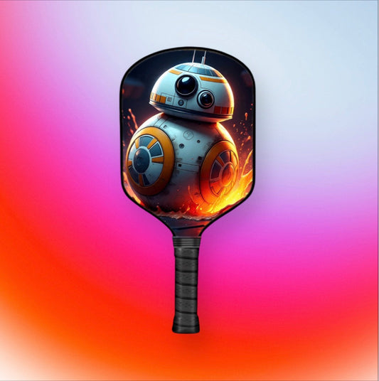 BB-8 themed pickleball paddle with black handle and flaming graphic face