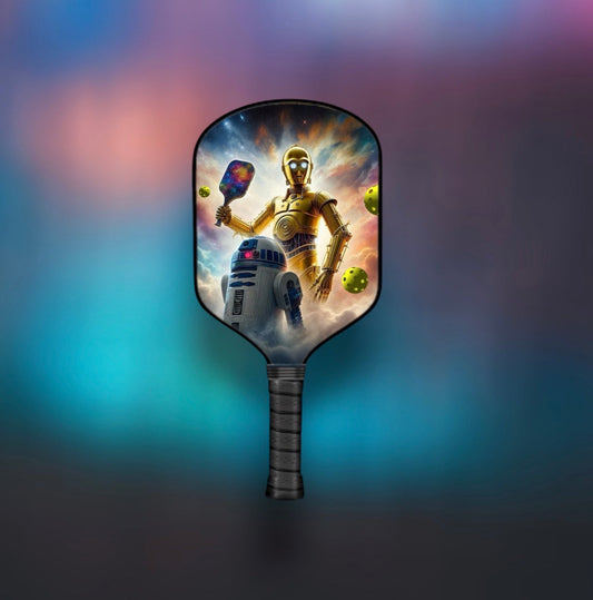 Star Wars pickleball paddle with C3PO and R2D2 themed face art and dark handle