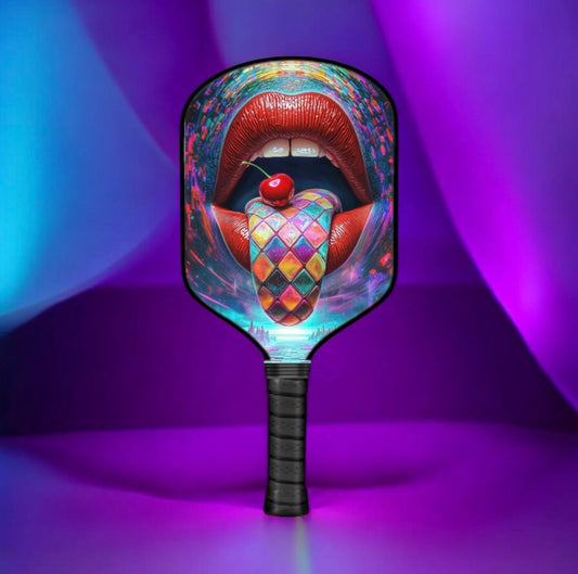 Pickleball paddle with black frame and colorful cherry graphic, dark grip