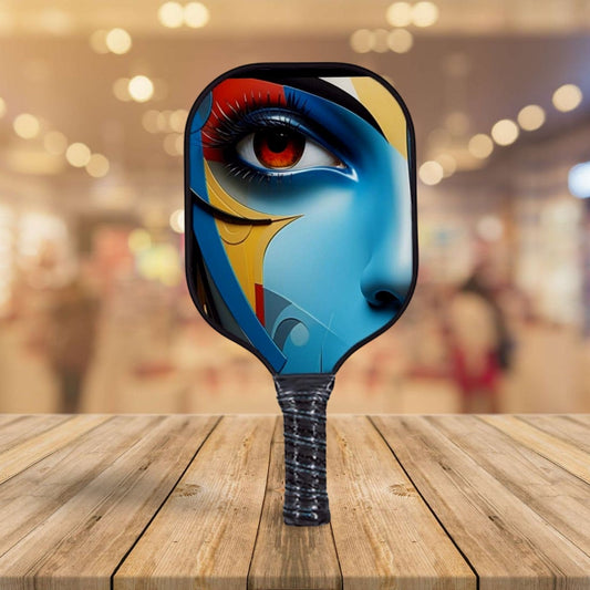 Blue and red illustrated pickleball paddle with face artwork and black grip