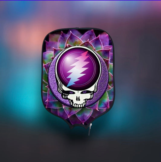 Purple pickleball paddle cover with purple skull stealie graphic, rounded zip case
