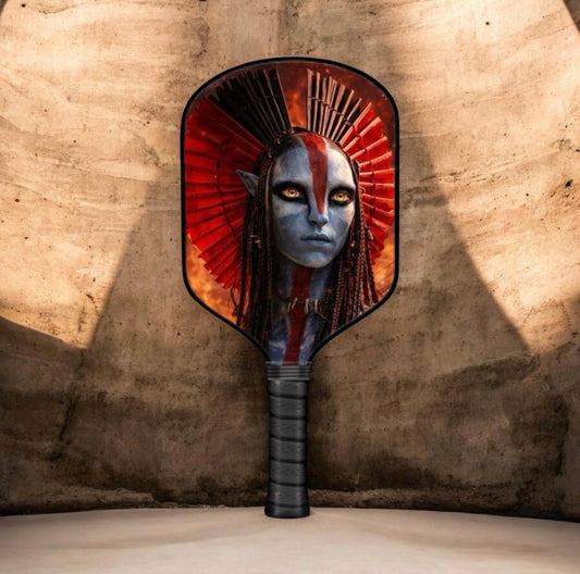 Pickleball paddle with dark handle and illustrated warrior face graphic on circular head