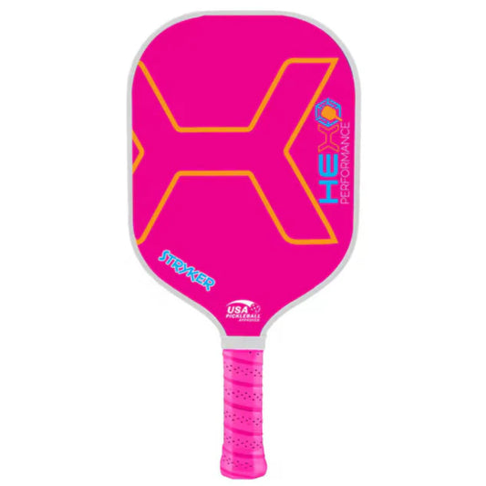 Pink STRYKER pickleball paddle with vertical HPE Performance text and pink grip