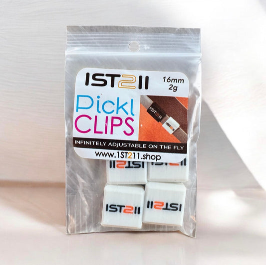 Pickleball paddle weight clips, two white adjustable clips in clear retail bag