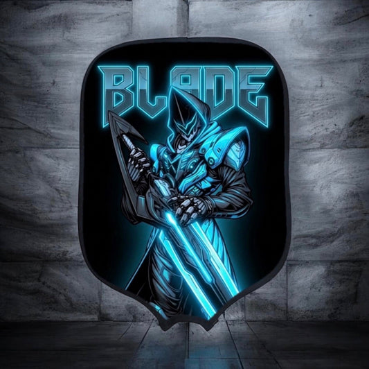 Black-and-blue Blade2 pickleball paddle cover with warrior character artwork