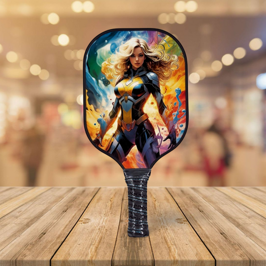 Pickleball paddle with colorful fantasy art face and black grip
